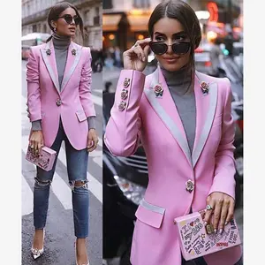 时尚 2020 春季粉红色夹克女性长袖花卉衬里玫瑰按钮外套外套西装外套衣服
