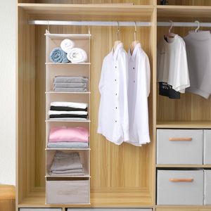 Hanging Closet Organizer <b>6</b>-Shelf With <b>Drawer</b> Foldable Beige For Clothing Bedroom Storage - Product Image 3