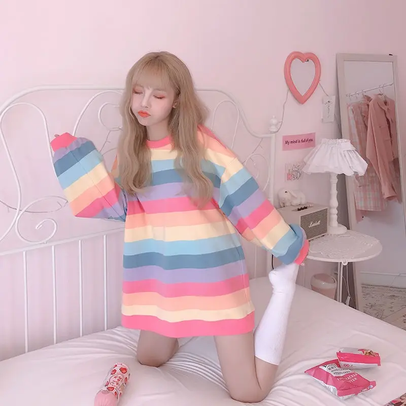 Korean Style Striped Loose Sweatshirt Women Spring Long Sleeve Pullover Kawaii Clothes Colorful Rainbow Womens Streetwear Clothe