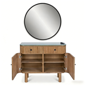 Station de coiffure de luxe sur mesure avec miroir double face arqué ovale incurvé et éclairage LED, avec table intégrée - Product Image 3
