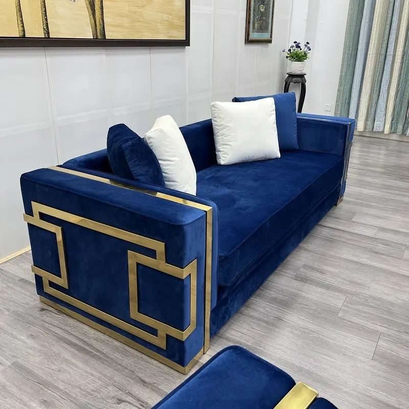 New Design blue color velvet sofa set with gold stainless steel base modern Upholstery fabric sofas for living room furniture