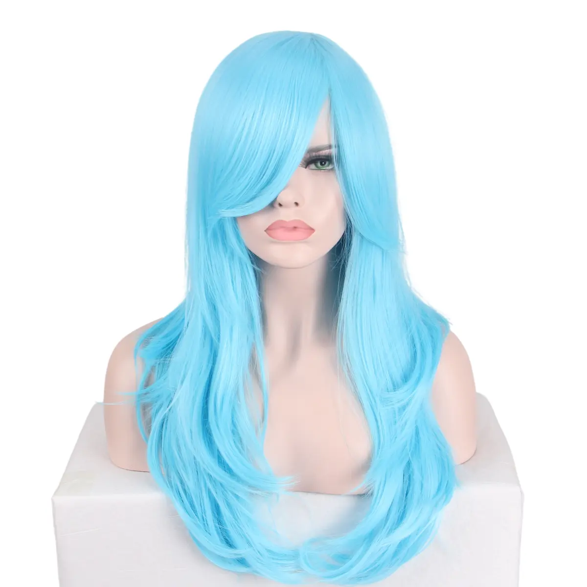 Anxin nhà máy bán buôn thời trang dài lượn sóng màu xanh xoăn tóc Cosplay tóc giả