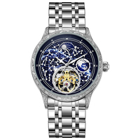 Jam tangan mekanis pria otomatis penuh kustom fungsi fase bulan Bumi jam tangan Tourbillon pria tahan air bercahaya kuat.