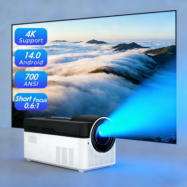 MOK HY450 Short Focus LCD Portable Projector 4K Home Theater Android 11 700 ANSI Lumens Built-in Speakers 40-200 Inch Glass Lens