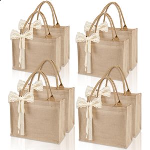 Sacs de courses en toile de <span class=keywords><strong>jute</strong></span> réutilisables personnalisés à faire soi-même en gros, cadeaux de mariage de demoiselle d'honneur de Noël, sacs fourre-tout en <span class=keywords><strong>jute</strong></span> avec ruban - Product Image 1