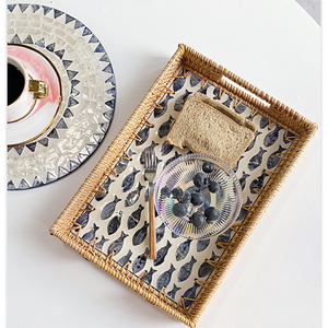 Nordic Hand-woven Rattan Basket Rattan Shell Color Home Fruit Candy Square Rattan Storage Serving Tray