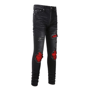 <span class=keywords><strong>Jeans</strong></span> da Uomo Neri in Denim con Patch Rossi, Stile Hip Hop Vintage, Stampa, Vestibilità Slim, Casual, Effetto Usurato e Strappato, Modello Stacked - Product Image 2