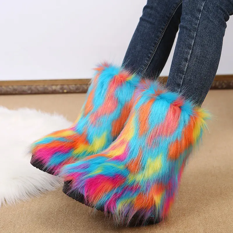Winter Faux Fur Tie Dye Women Mid Calf Warm Shoes Boots Snowboots