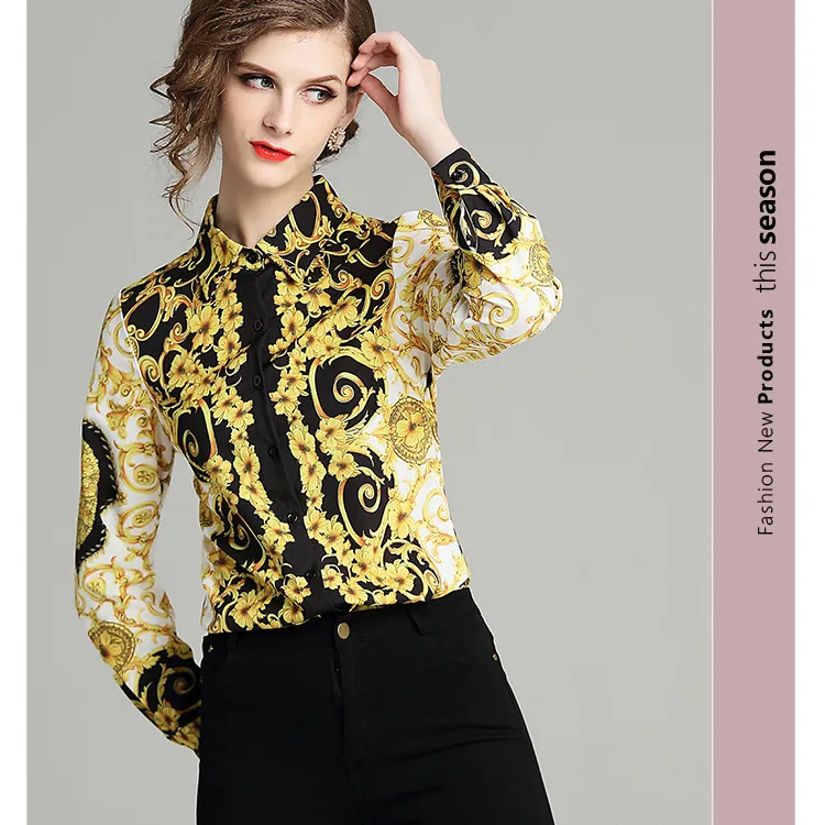 women fashion gold print shirts office lady long sleeves turn down neck summer blouses