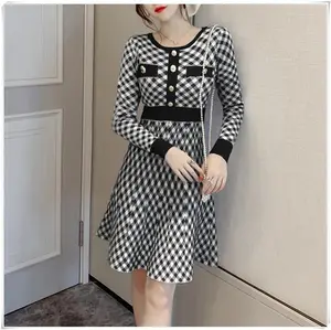 New Design Light Blue Buttons Pockets Plaid Plus Size Sweater Dress Ladies O-neck Long Sleeve Women Career Dresses