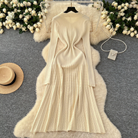 Robe élégante pour femmes à manches longues en tricot, coupe évasée, col rabattu, boutons décoratifs, robe midi décontractée pour tous les jours, robes décontractées