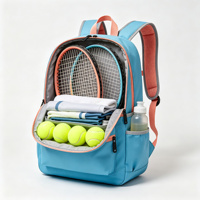Sac à dos de tennis junior bleu corail, sac de raquette avec poche doublée pour balles, poche latérale, sangle de poitrine pour enfants et débutants