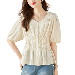 Cotton Hollow-out Embroidered Apricot <strong>Shirt</strong> <strong>Women's</strong> Short-Sleeved Summer New Design Chic Coat Small <strong>Shirt</strong> - Product Image 5