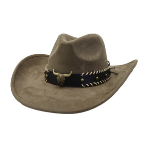 Chapeaux de cowboy occidentaux SU32, chapeaux de cowboy à large bord, chapeaux de cowboy unisexes en daim avec décoration de bande de tête de taureau pour l'extérieur - Product Image 1
