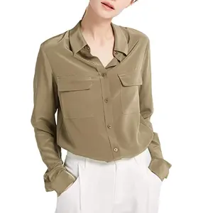 여성 100% 순수 실크 블라우스 긴 소매 멋진 부드러운 실크 셔츠 탑스