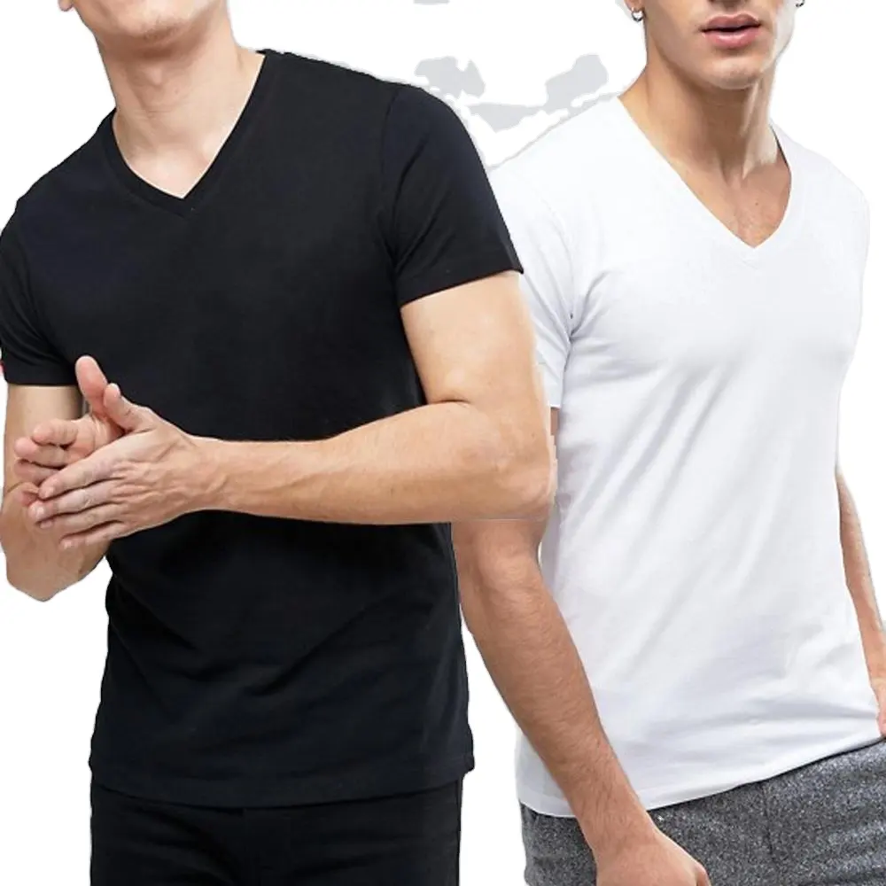 Wholesale Custom Pure Color V Neck Plain T shirt Casual Cotton White Men's T-shirts