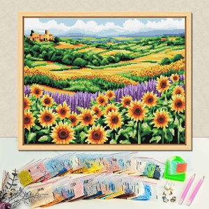 Kit de Peinture Diamant Paysage Tournesols avec Cadre, Perles Rondes, Décoration Artistique DIY Imprimée, Forme Rectangulaire 43x54cm - Product Image 1