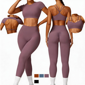 Conjunto de <span class=keywords><strong>2</strong></span> Piezas, <span class=keywords><strong>Top</strong></span> Corto <span class=keywords><strong>y</strong></span> Leggings para Mujer, Transpirable, Ligero, Tallas Grandes, Ropa Deportiva Sostenible, Ropa de Yoga, Marca Privada - Product Image 1