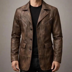 New Stylish <b>Men's</b> Genuine Leather Blazer Notched Lapel Single Breasted <b>Trench</b> <b>Coat</b> With Single Button Regular Sleeve - Product Image 3
