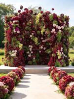 Burgunderrote Pfingstrosen-Rosen Hochzeitsblumen Grünes Anthurium Dunkelrote Blumenbogen Gangdekoration Blumenkugel Künstliche Hochzeitsblumenarrangements