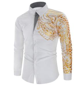 Chemises slim grande taille en coton à manches longues pour hommes, robe de soirée imprimée dorée, chemises à motifs de luxe personnalisés - Product Image 6