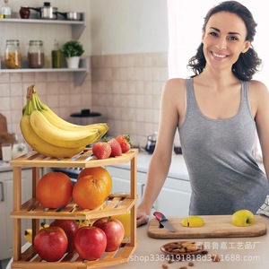 Solid Wood Three Tier Storage Rack Desktop Multifunctional Fruit Vegetable <b>Kitchen</b> Countertop Organizer Rectangle Shape - Product Image 1