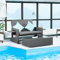 Sofá Cama Reclinable de Ratán con Estructura de Acero, Ratán PE Doble, Cojín Impermeable de 15cm y 8cm, con Dos Mesas Auxiliares Laterales