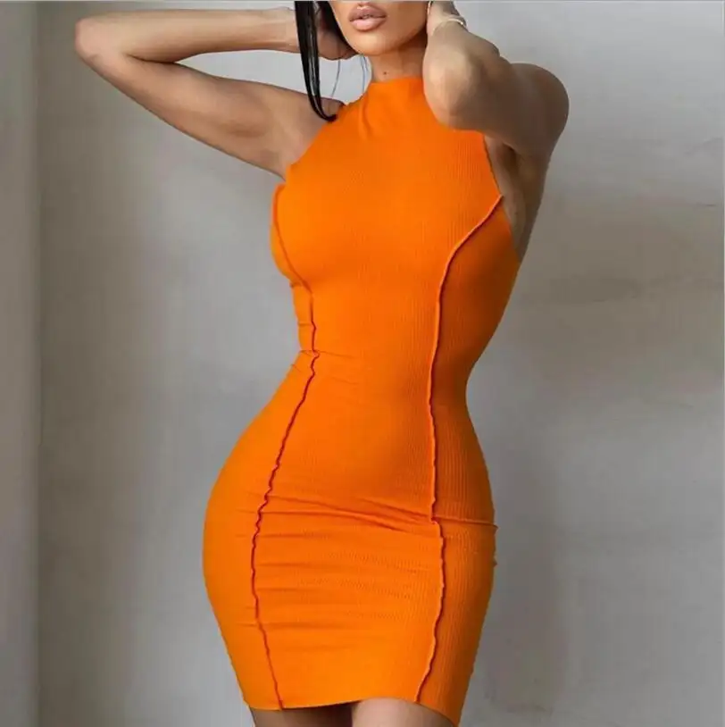 Fsda — robe courte, moulante et Sexy pour femme, tenue de club basique sans manches à col haut, couleurs Orange, noire, blanche, violette, vêtement d'été, 2022, 2113
