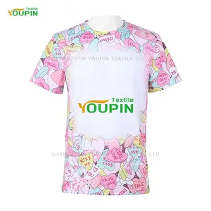 Desain Terbaru 2023 Pakaian Valentine Faux Bleached Polyester T-shirt Sublimasi Lengan Pendek