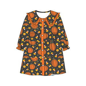 Preordine Vestiti per Bambine a Maniche Lunghe con Motivi Autunnali di Fiori e Zucche, Colletto Morbido ed Elastico, Abiti Personalizzati alla Moda per Bambini, Lunghezza al Ginocchio - Product Image 6