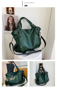 กระเป๋าถือหนังนิ่มสีพื้นเรียบง่ายสไตล์เรโทร แฟชั่นความจุมาก กระเป๋าสะพายไหล่ทรงโฮโบสำหรับผู้หญิง - Product Image 5