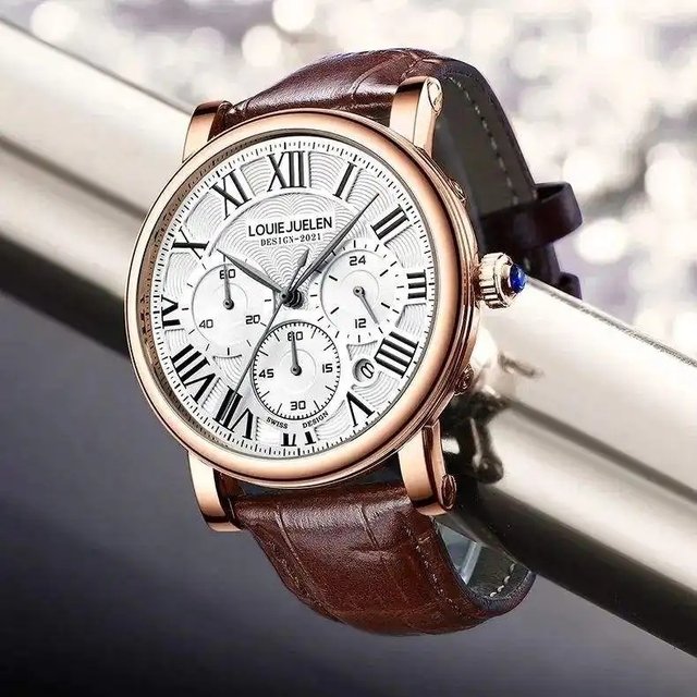 LOUIE JUELEN 587 Quartz Wristwatch Chronograph Business Casual Auto Date Leather Belt Fashion Men's Watch for Men Montre Relojes