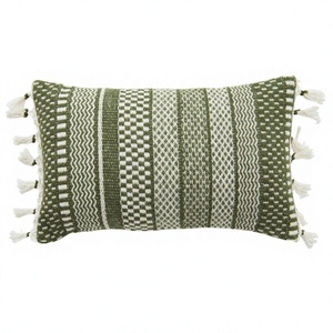 Bohemian Woven Throw Pillow Cover Rectangle Striped Green <b>White</b> Tassel Decorative Cushion Washable Linen Cotton - Product Image 1