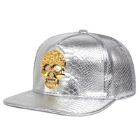 Casquette de baseball en cuir PU imperméable, motif tête de mort Hip Hop, 6 panneaux, réglable, à visière plate, pour sports de plein air, hommes et femmes