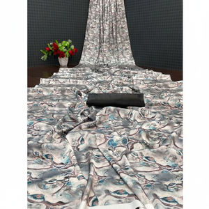 DISEÑADOR DEVASAN SEDA 4D IMPRESIÓN DIGITAL SAREE CON BLUSA DESCOSADA GRIS - Product Image 1