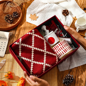 Luxury Rigid <b>Gift</b> <b>Box</b> Set <b>Red</b> Knit Scarf With Ceramic Mug And Decorative Items For Holiday Gifting - Product Image 1