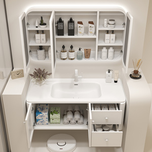Meuble-lavabo moderne et romantique de style français, esthétique courbée, pour chambre à coucher, avec lavabo simple ou double en céramique et miroir LED intelligent mural - Product Image 2