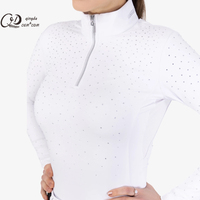 Chemises de concours équestres à succès OEM ODM avec pierres de cristal, vêtements d'équitation, chemise de base à fermeture éclair quart de tour