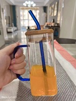 Mug carré en verre borosilicate de haute qualité 400 ml avec couvercle en bambou naturel et poignée ergonomique pour café chaud ou lait froid