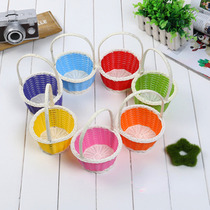 Plastic Rattan Woven Bamboo Blue Easter Egg Baskets With Handle DIY Handmade Round Storage Basket Home Small Storage Gift Basket