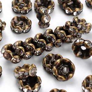 Pandahall 10mm bakır A sınıfı düz yuvarlak antik bronz Metal renk temizle Rhinestone halka boncuk