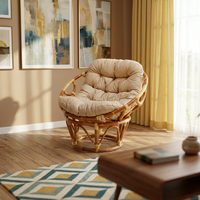 Fauteuil Papasan en rotin avec coussin beige, style tropical, fauteuil de salon, mobilier d'extérieur, assise confortable