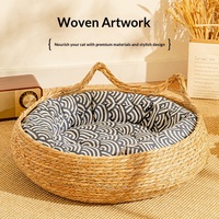 Lit pour chat en rotin tressé toutes saisons, coussin amovible doux, panier pour chat en paille tressée fait main avec poignée, sommeil confortable