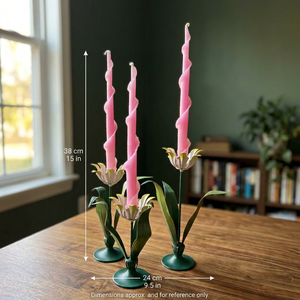 Floral Candlestick Holder Set with <b>Pink</b> Taper <b>Candles</b> Green Base Home Decoration Brass Material Durable Design - Product Image 3