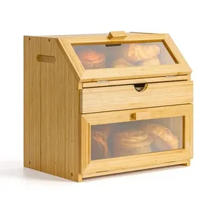 热卖2层新颖设计竹制面包盒，带抽屉和透明窗户多功能储物箱