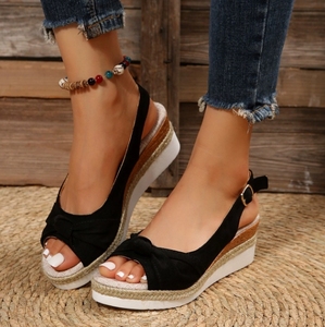 European American Sandals Foreign Trade 2025 New Style Bow <strong>Wedge</strong> Heel Casual Women's Shoes Peep Toe Design - Product Image 4