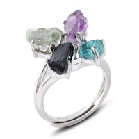 Bague vintage bohème ajustable en argent avec grappe de cristaux naturels bruts, sertie de griffes, Citrine Améthyste Quartz Rose