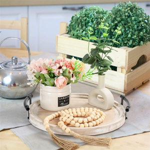 صينية قهوة خشبية مستديرة بطراز ريفي، صينية خشبية زخرفية بمقابض لديكور المنزل - Product Image 3