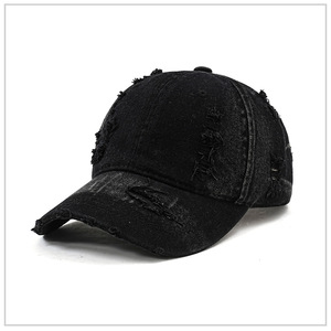 Casquette de baseball en jean délavé style vintage, unisexe, avec trous déchirés et bords effilochés, casquette ajustable en coton - Product Image 5