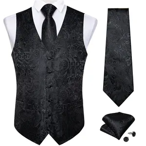 Men's Vest Tie Set 3PC Paisley Floral Jacquard Waistcoat and Necktie Pocket Square Vests for Suit Tuxedo Wedding